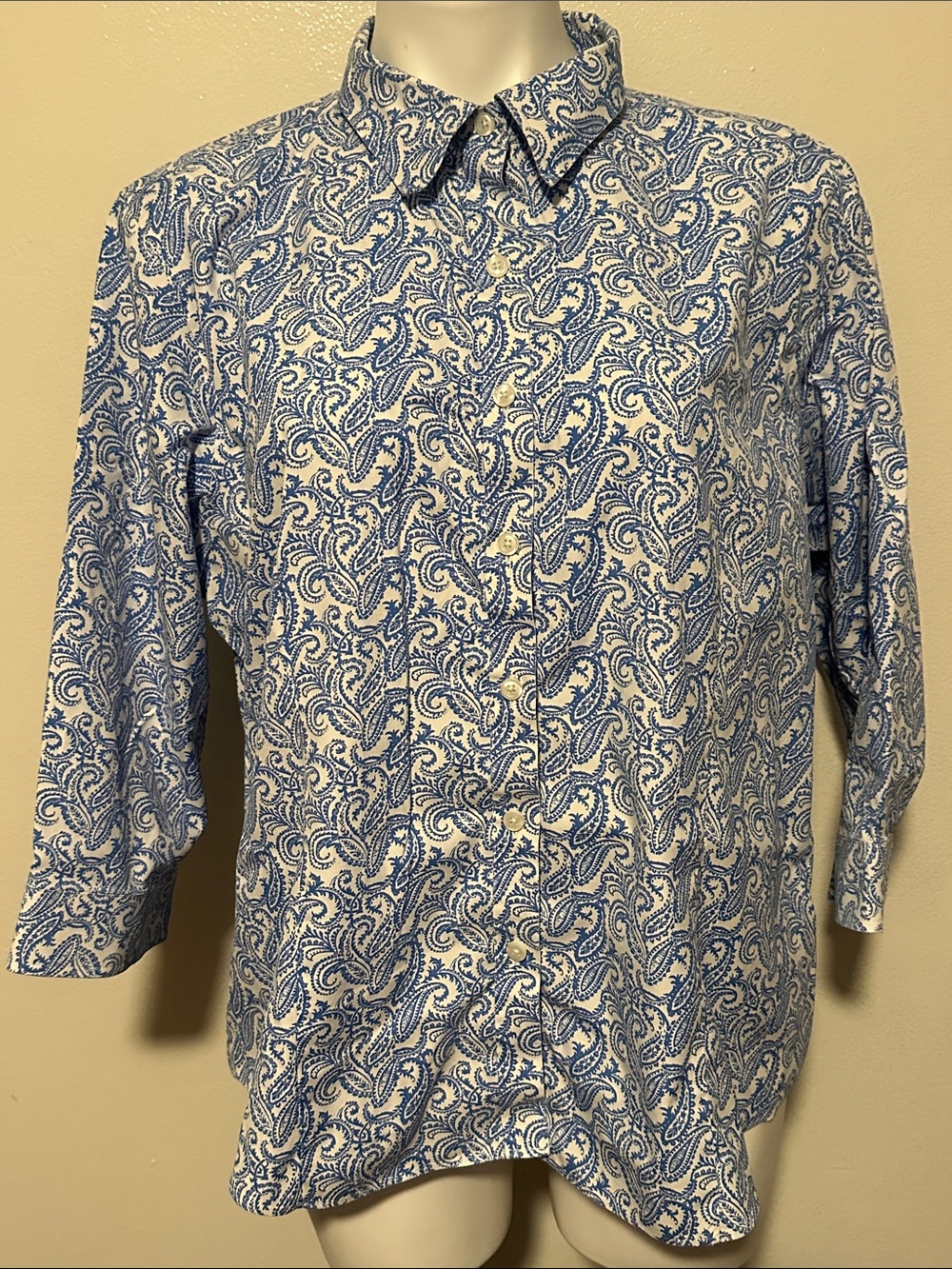 L.L. Bean Blue and White Paisley Button-Up Blouse